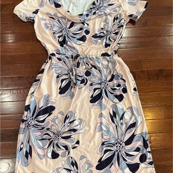Light pink and blue print midi dress size large NWOT - Picture 5 of 9